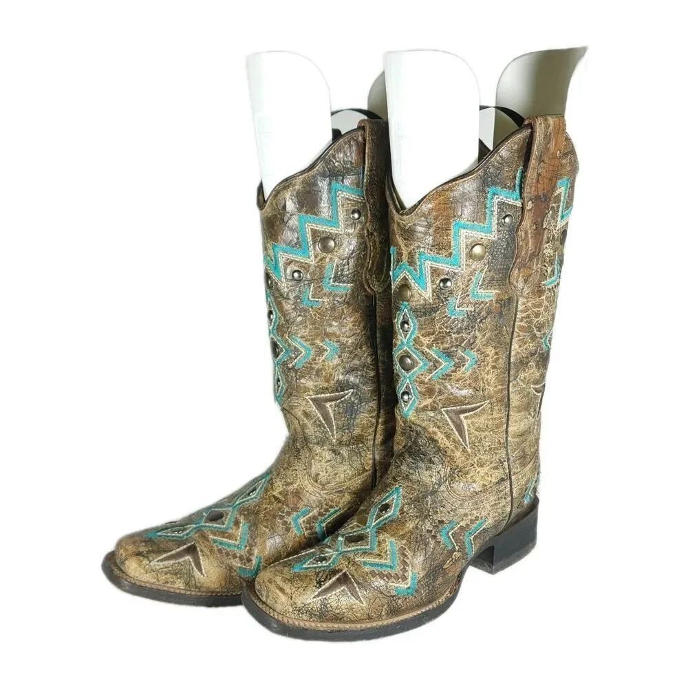 Corral Women's 7M Brown Leather Embroidered Studded Cowgirl Western Boots